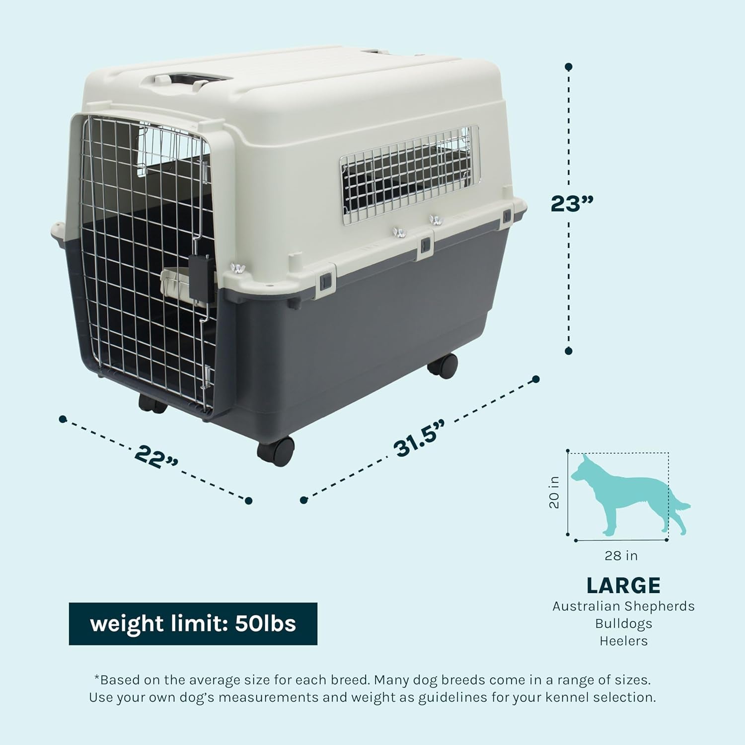Plastic Kennels Rolling Plastic Wire Door Travel Dog Crate- Large Kennel, Gray