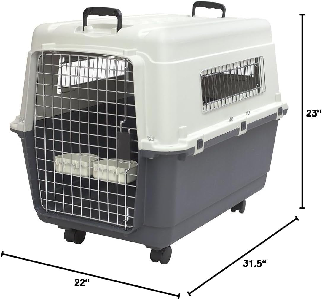 Plastic Kennels Rolling Plastic Wire Door Travel Dog Crate- Large Kennel, Gray