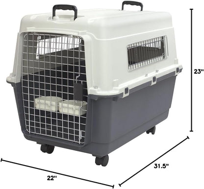 Plastic Kennels Rolling Plastic Wire Door Travel Dog Crate- Large Kennel, Gray