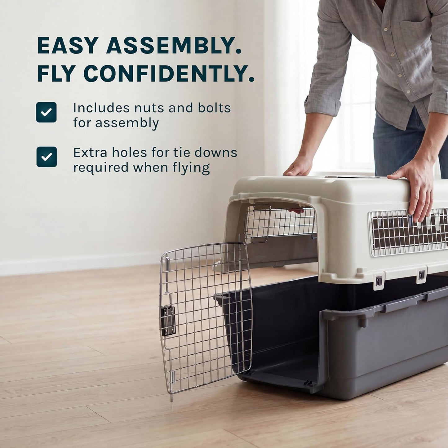 Plastic Kennels Rolling Plastic Wire Door Travel Dog Crate- Large Kennel, Gray
