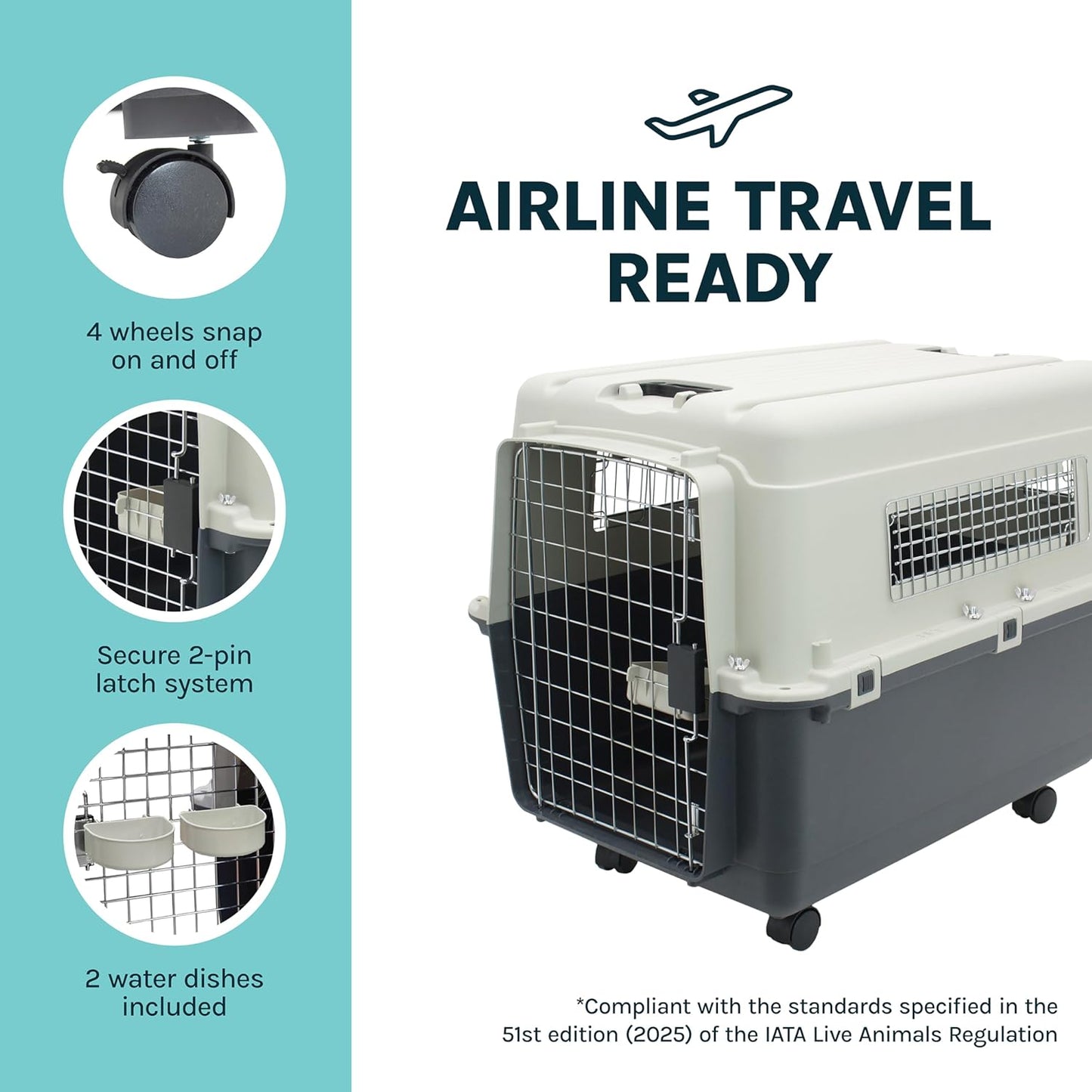 Plastic Kennels Rolling Plastic Wire Door Travel Dog Crate- Large Kennel, Gray
