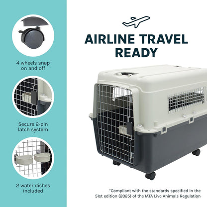 Plastic Kennels Rolling Plastic Wire Door Travel Dog Crate- Large Kennel, Gray