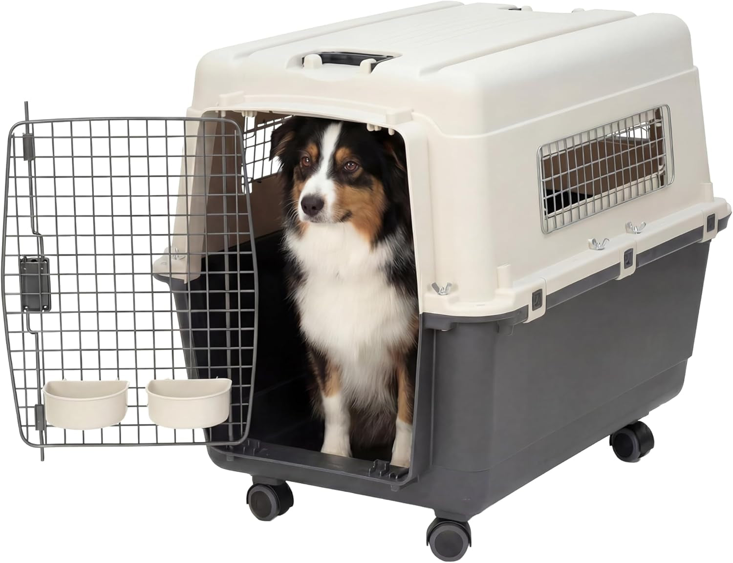 Plastic Kennels Rolling Plastic Wire Door Travel Dog Crate- Large Kennel, Gray